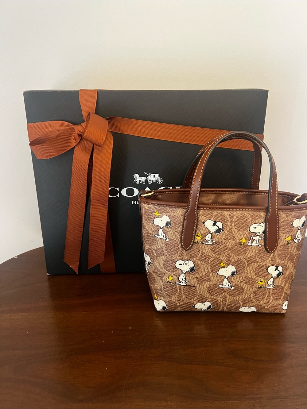 Authentic Coach x Peanuts Brown Signature Snoopy Mini Tote Wallet Bundle
